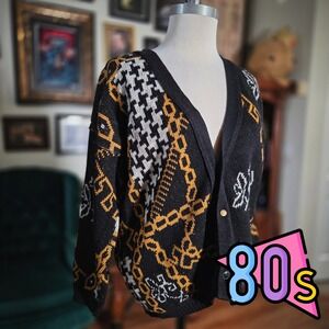 Vintage 80s Bright Lights Black Gold Chain‎ Print Cardigan V-Neck Sweater